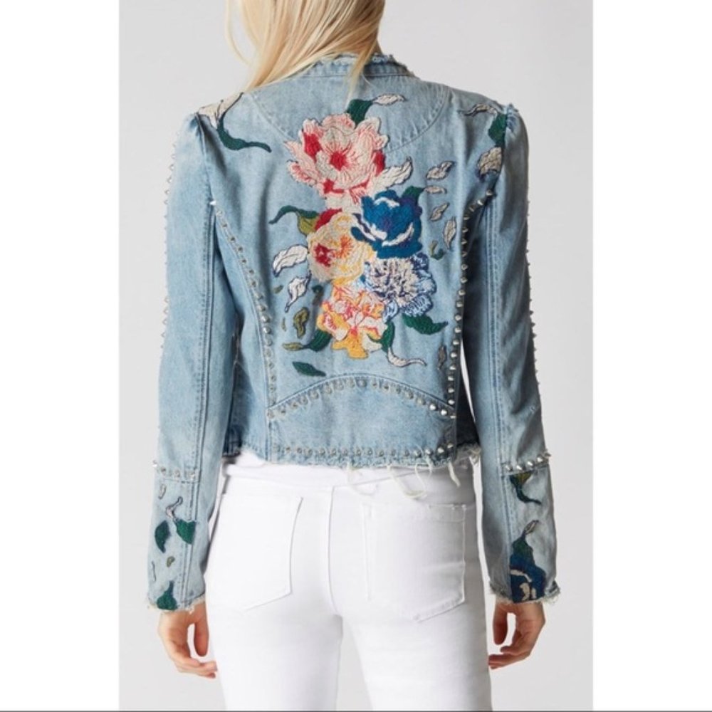 Blank NYC Embroidered Studded Denim Moto Jacket